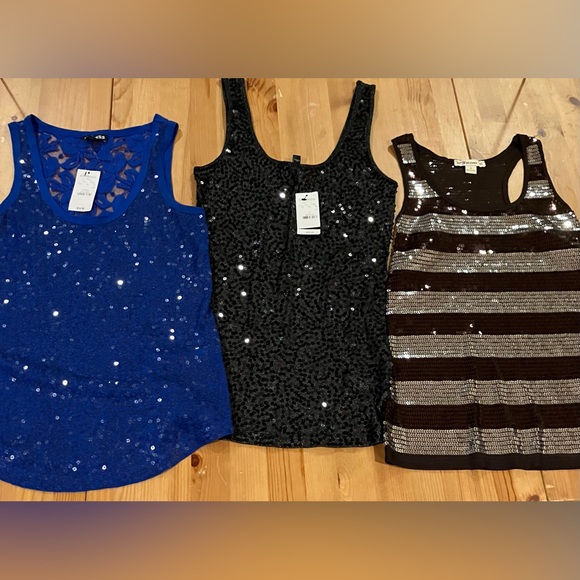 Express Tops - 3 Shiny Tanks Size XS & Small Express Sequin blue, black & NWT Tank & Forever 21